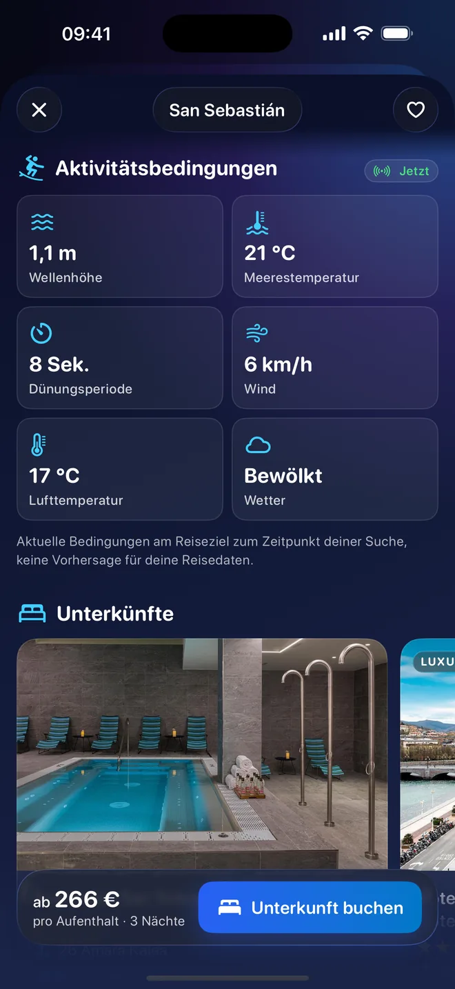 Die aktuellen Bedingungen einer Reise: Wellenhöhe, Meerestemperatur, Dünungsperiode, Wind, Lufttemperatur und Wetter, darunter der Anfang der Unterkünfte