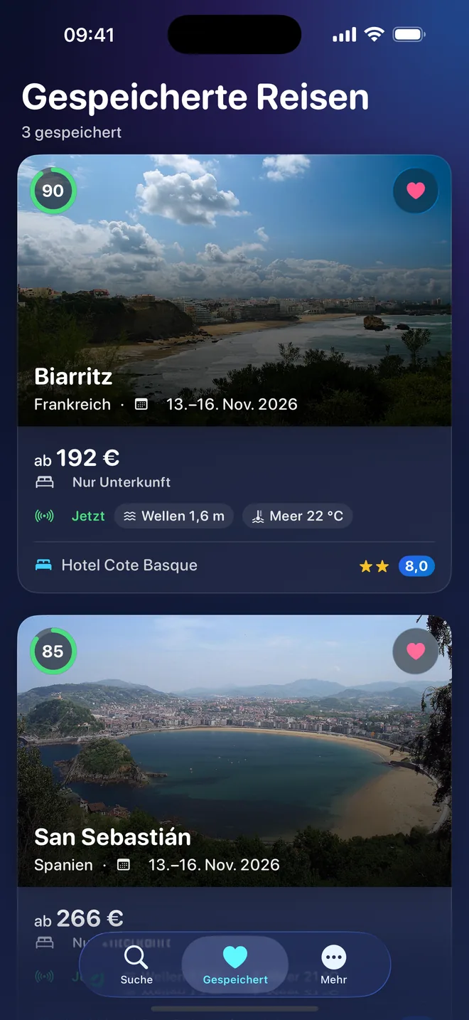 Der Tab „Gespeichert“ mit drei gespeicherten Reisen