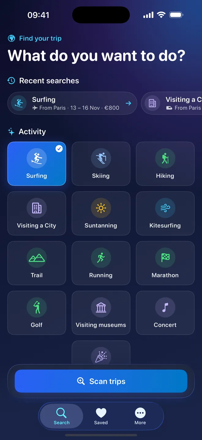 The Search screen: your recent searches, the grid of activities with Surfing selected, and the button that starts the scan