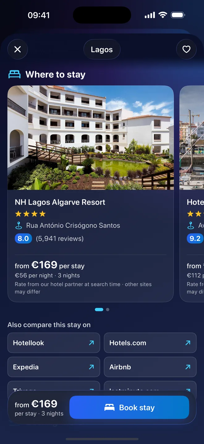 Where to stay: a partner hotel with its photo, star rating, guest score and price for the stay, the Book stay button and other sites to compare
