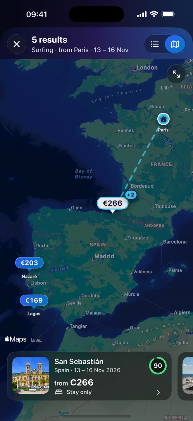 Results on a map, with a price pin at each destination