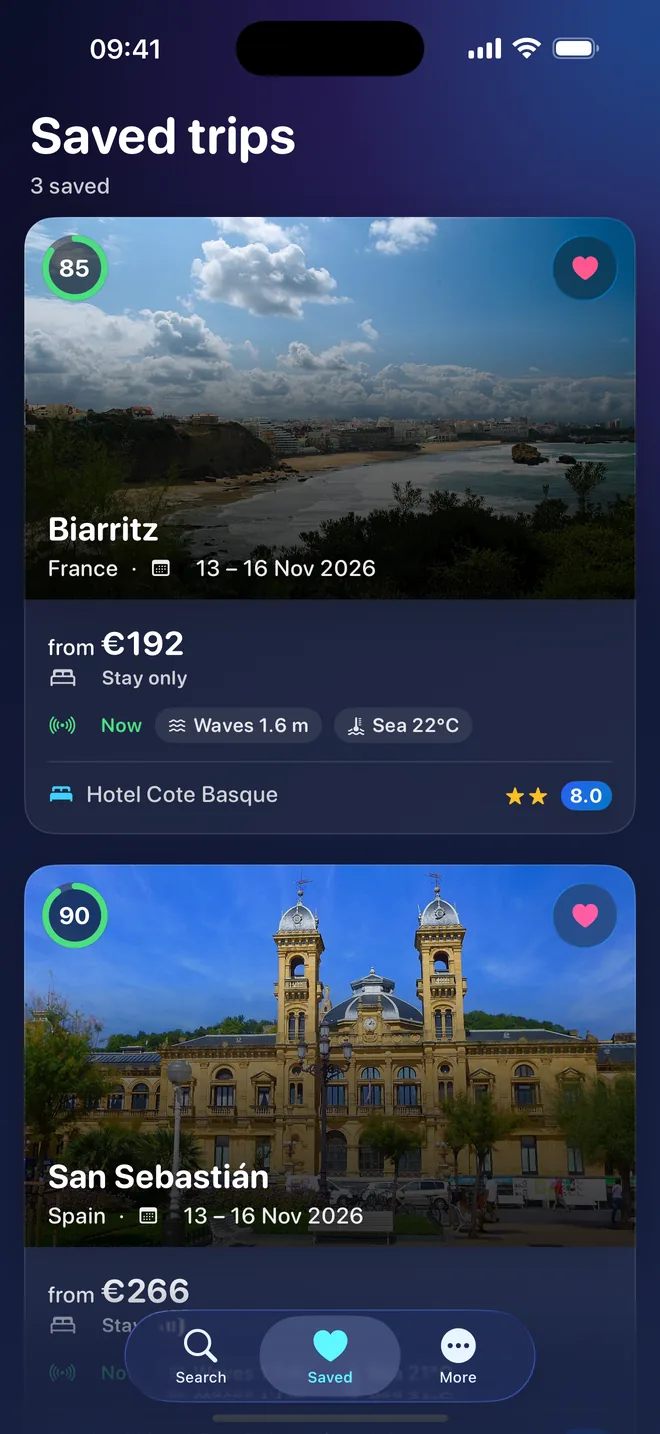 The Saved tab with three saved trips