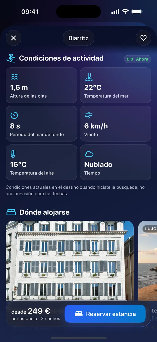 Las condiciones actuales de un viaje: altura de las olas, temperatura del mar, periodo del mar de fondo, viento, temperatura del aire y tiempo, y debajo el comienzo de «Dónde alojarse»