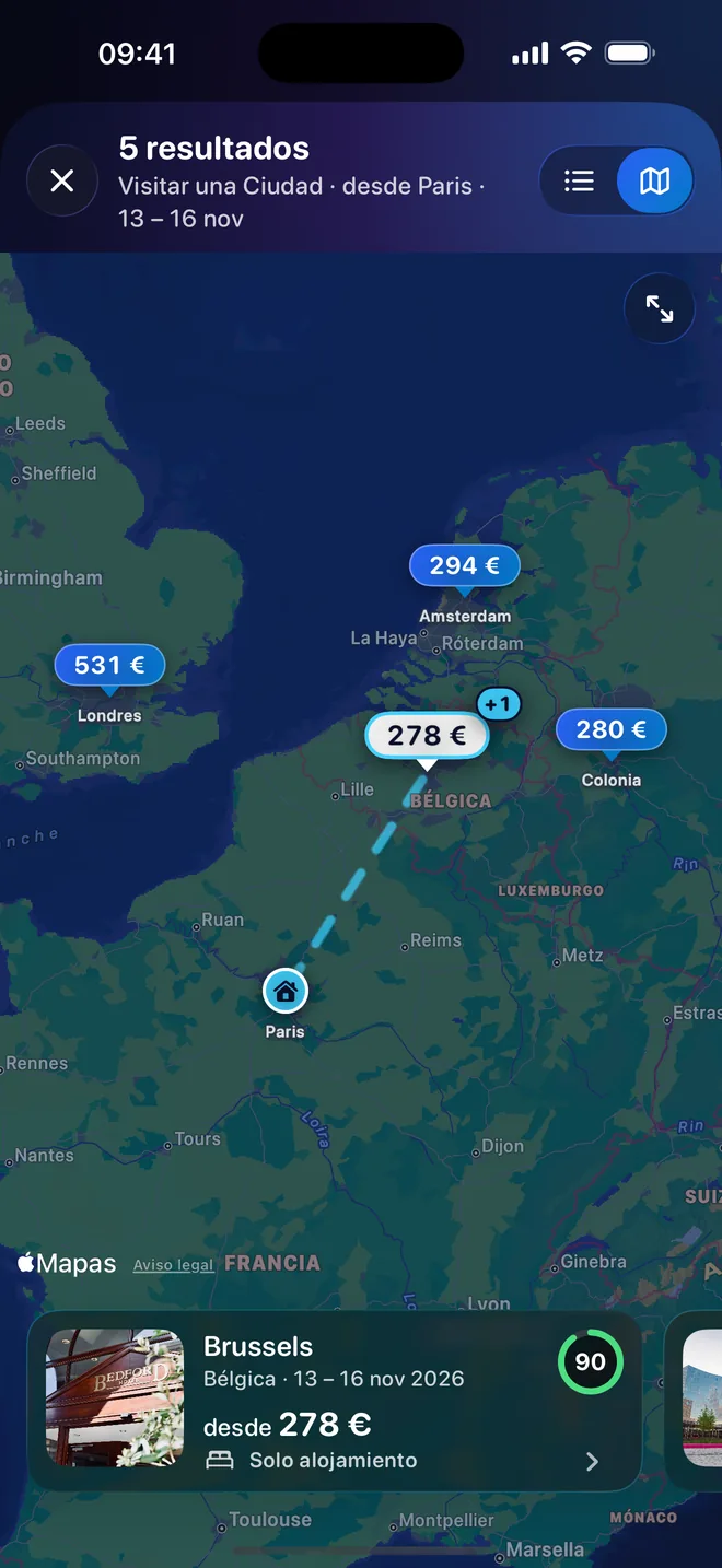 Los resultados en un mapa, con el precio marcado en cada destino
