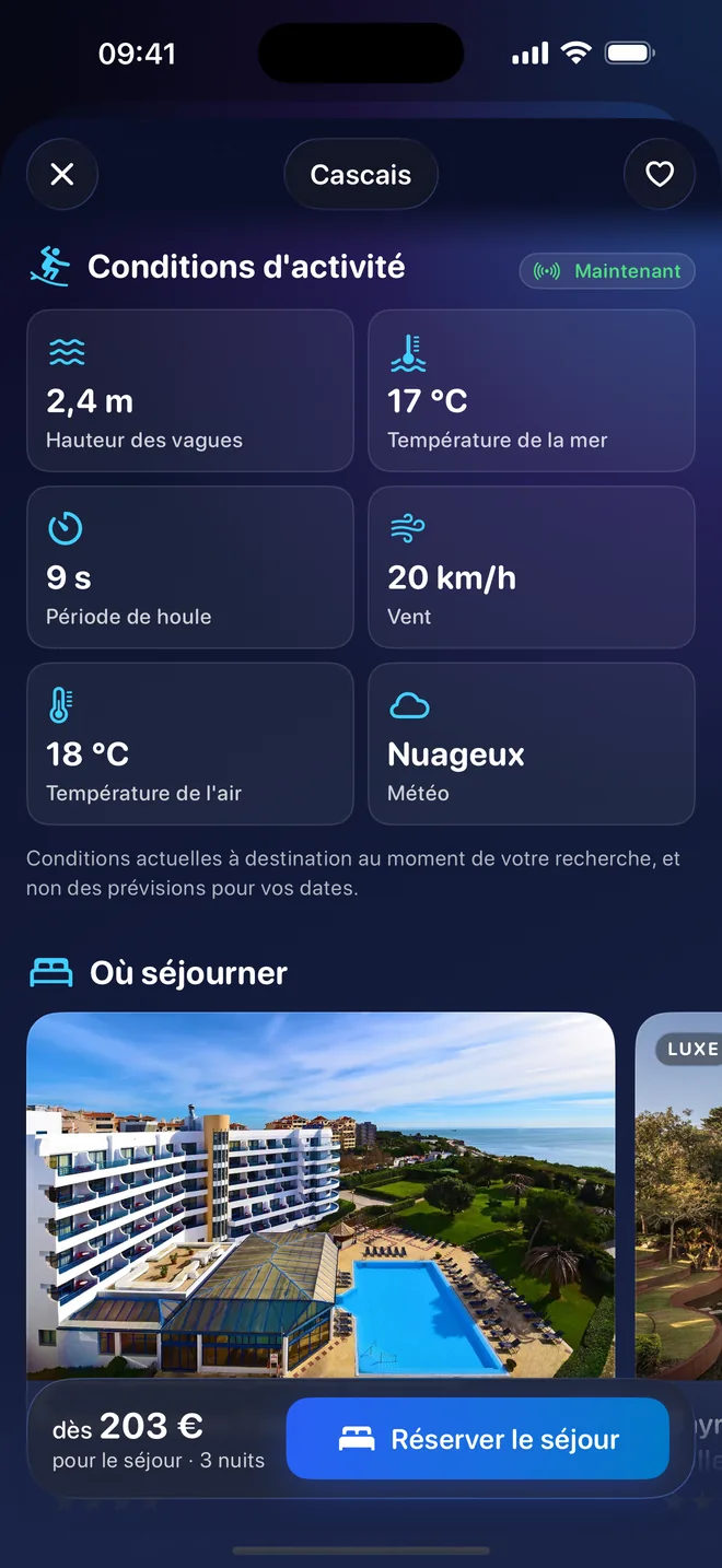 Les conditions actuelles d’un voyage : hauteur des vagues, température de la mer, période de houle, vent, température de l’air et météo, puis le début de « Où séjourner »