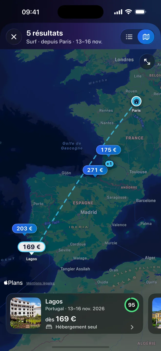 Les résultats sur une carte, avec le prix épinglé sur chaque destination