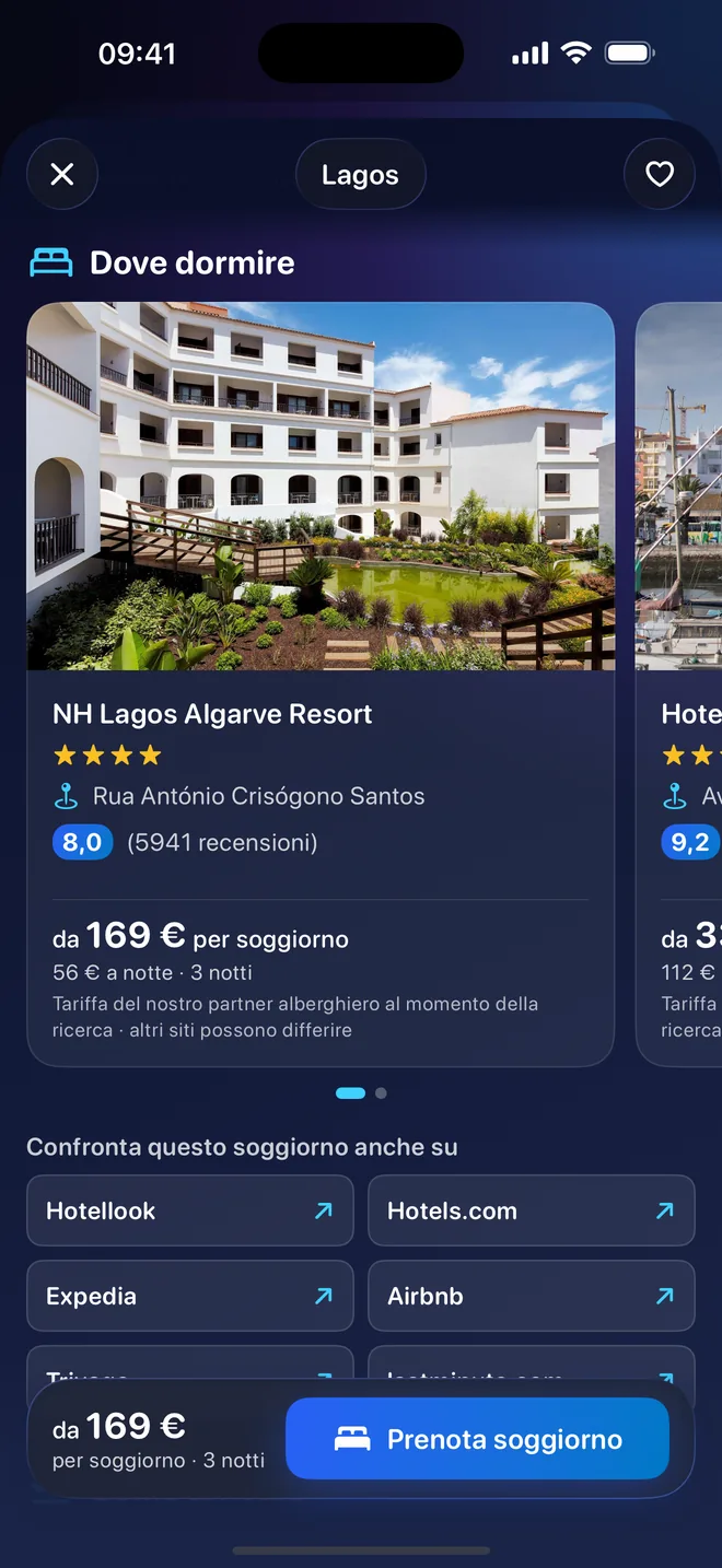 Dove dormire: un hotel partner con foto, stelle, voto degli ospiti e prezzo del soggiorno, il pulsante per prenotare e altri siti da confrontare